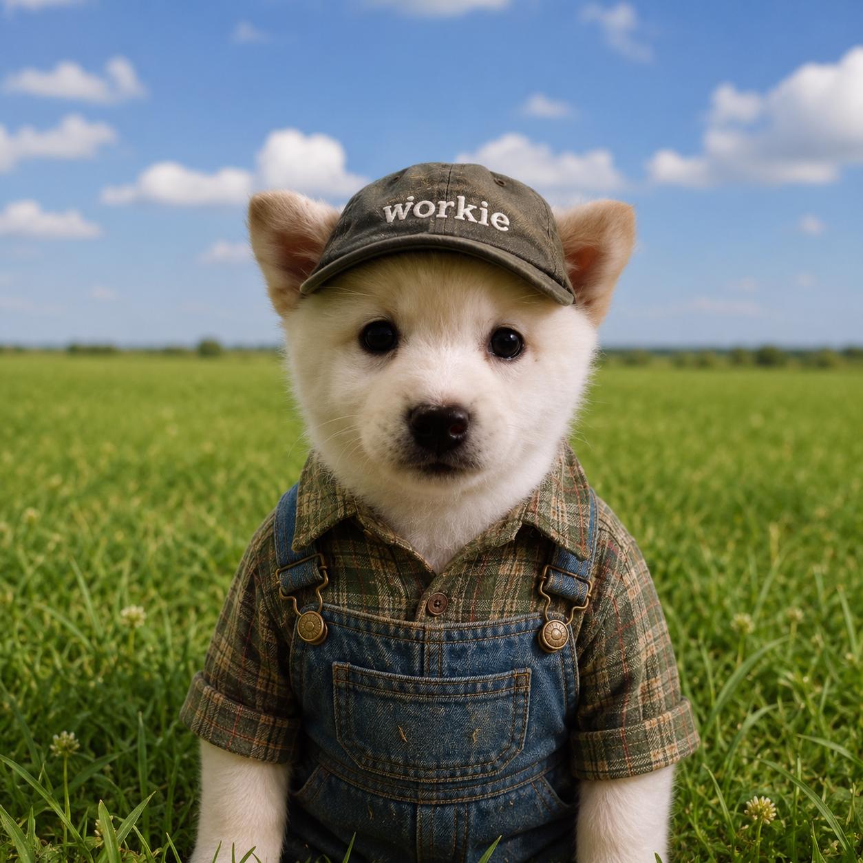 Workie puppy wearing a workie cap and overalls in a green field